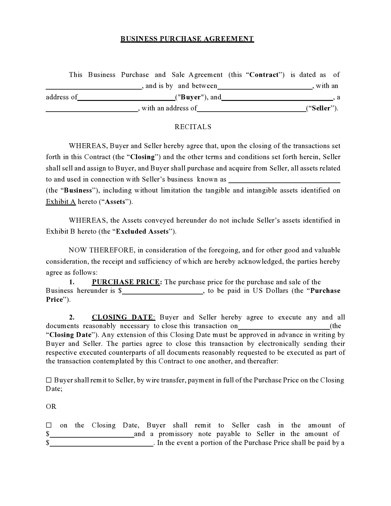 sample business purchase agreement template