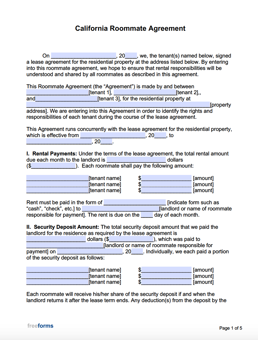 sample roommate agreement template