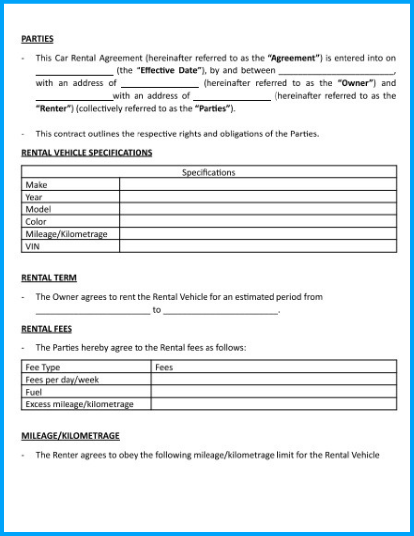 sample car rent agreement template