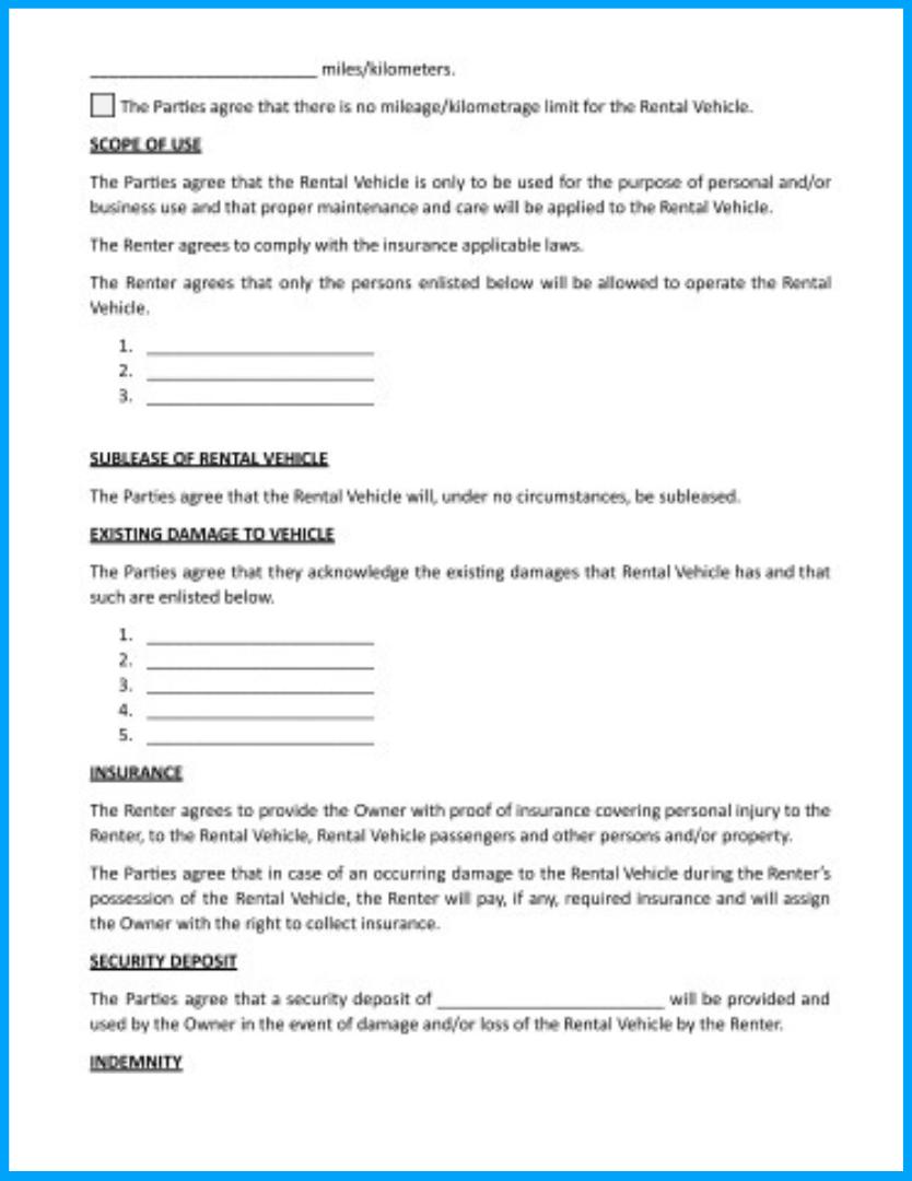 sample car rent agreement template