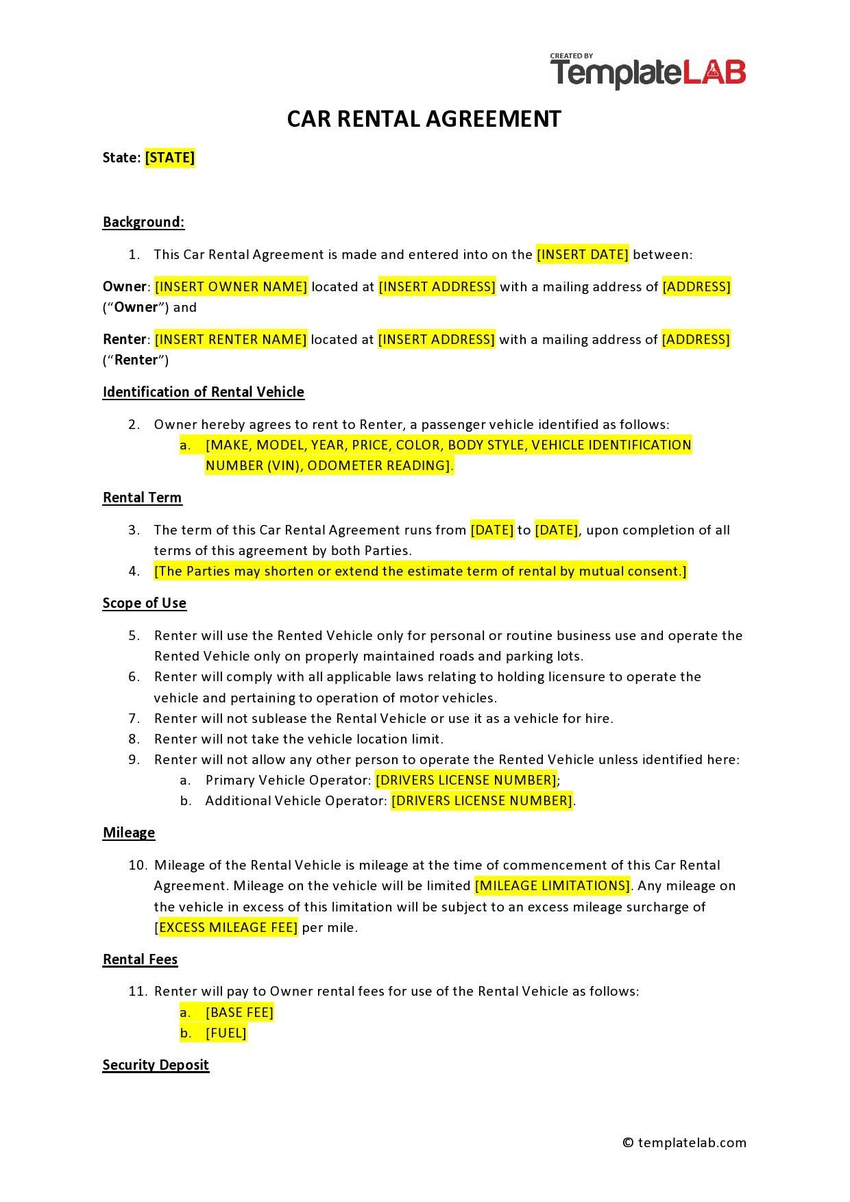 sample car rent agreement template