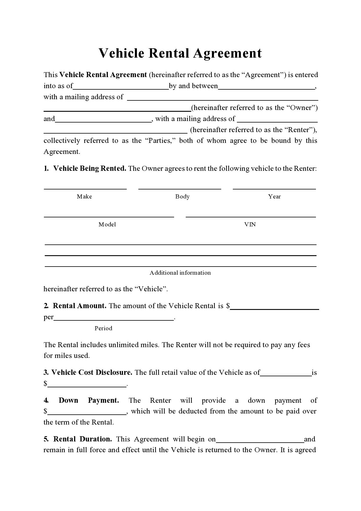 sample car rent agreement template