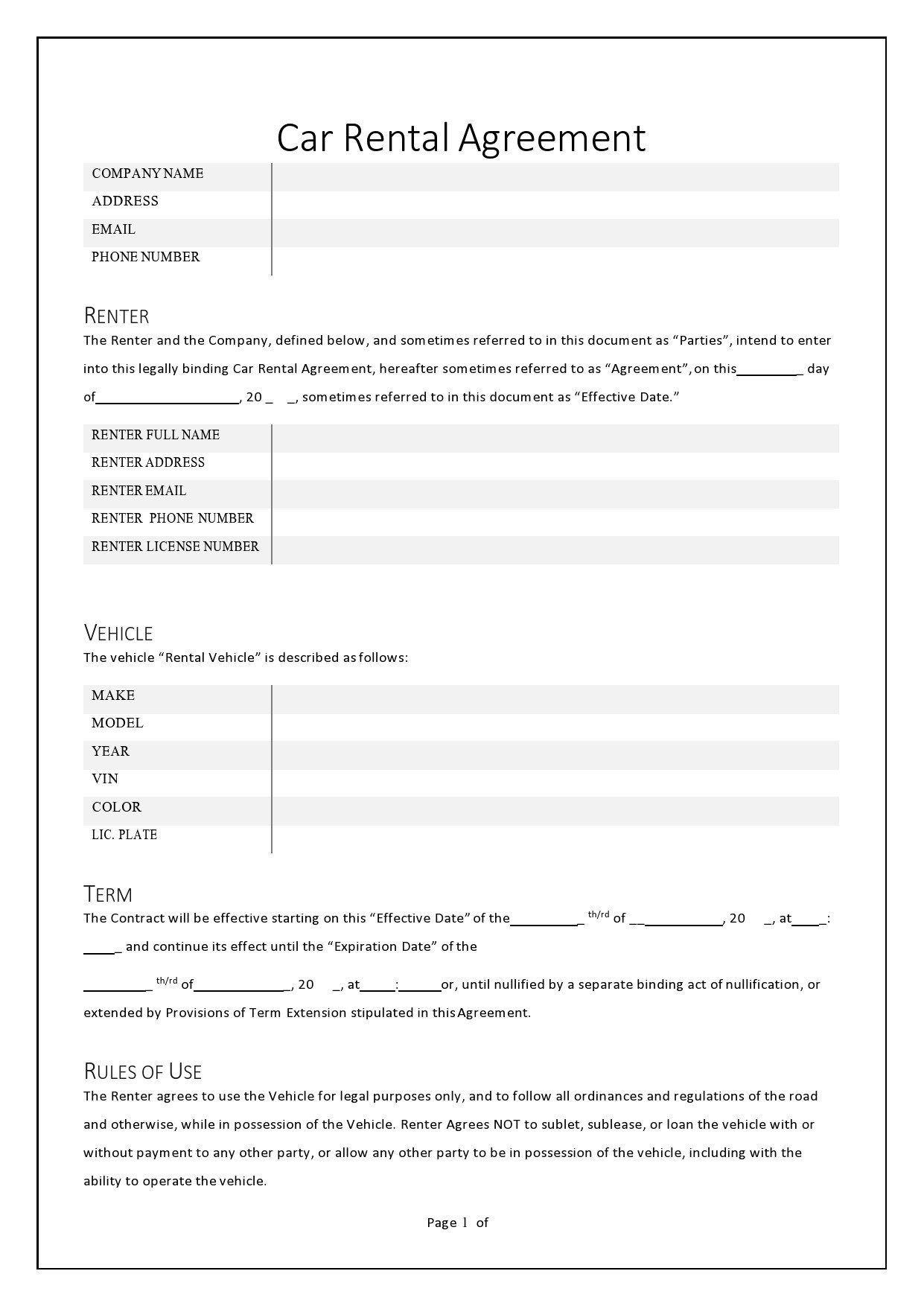 sample car rent agreement template