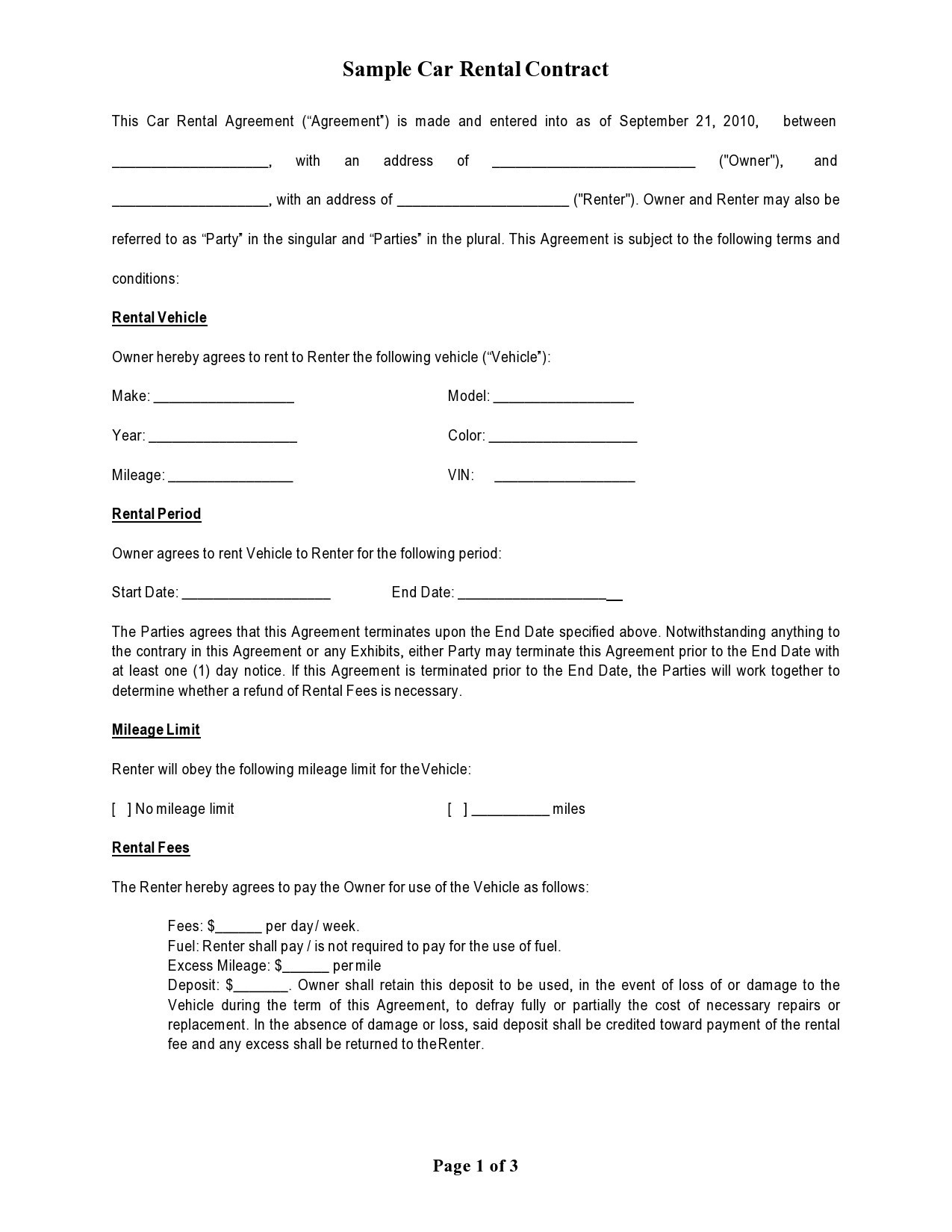 sample car rent agreement template