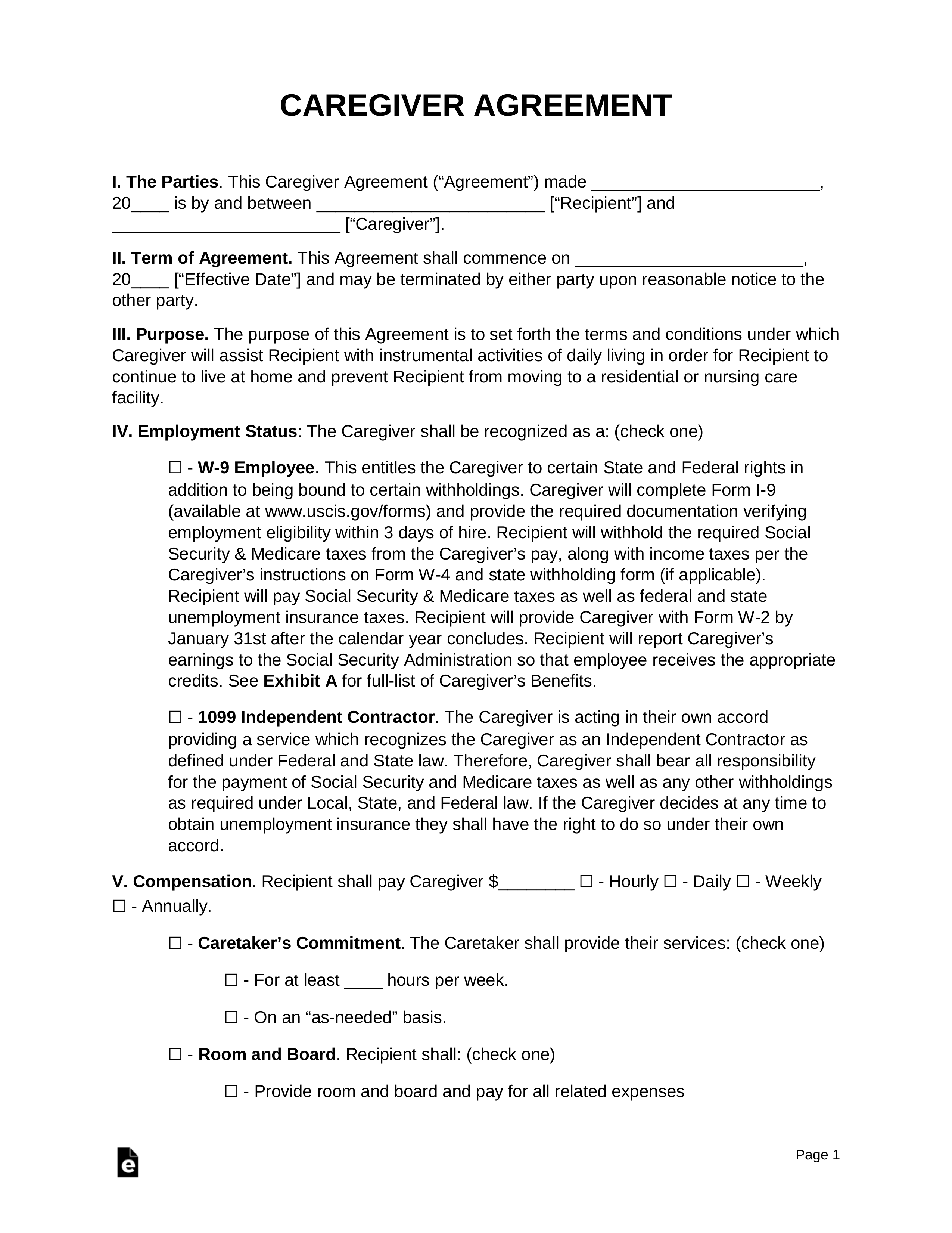 sample caregiver agreement template