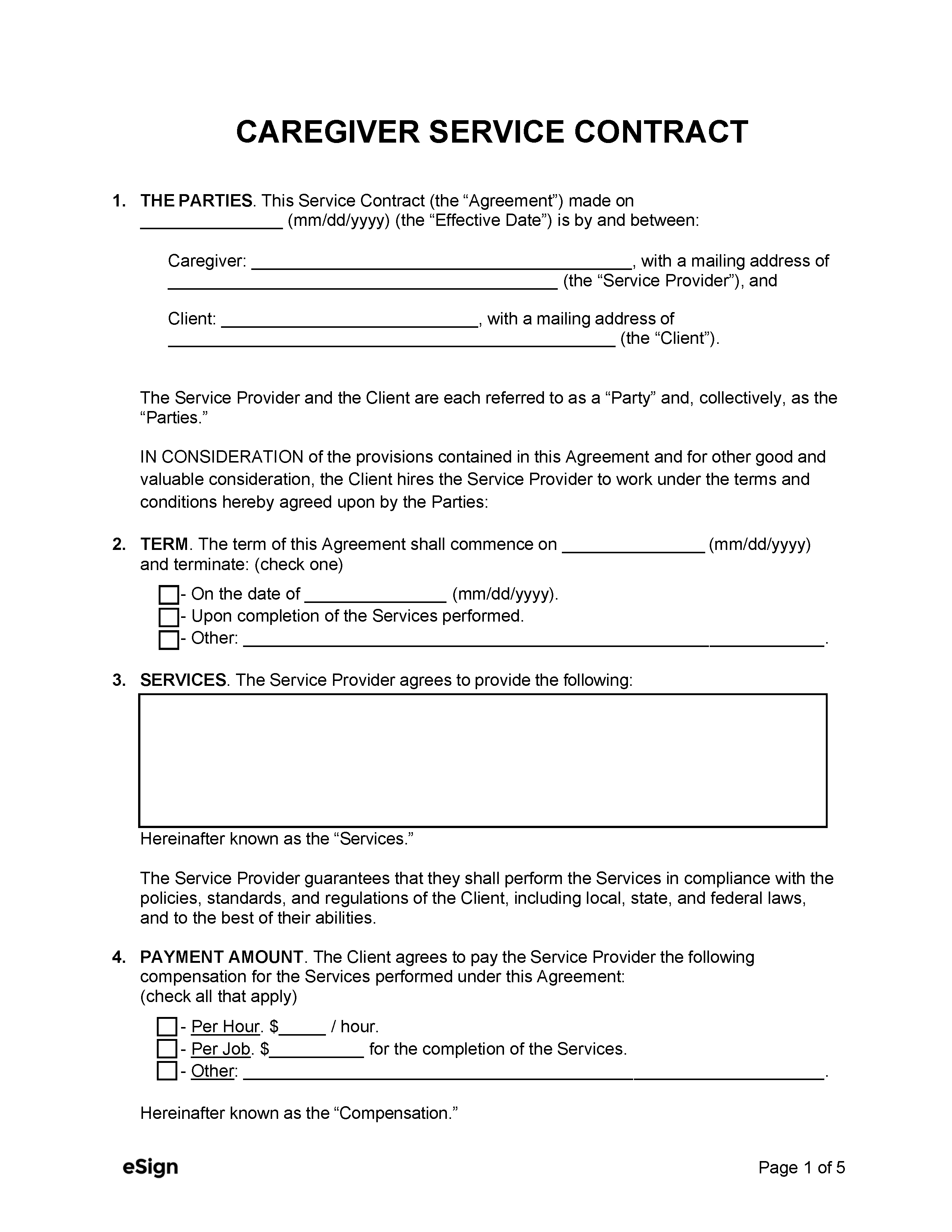 sample caregiver agreement template