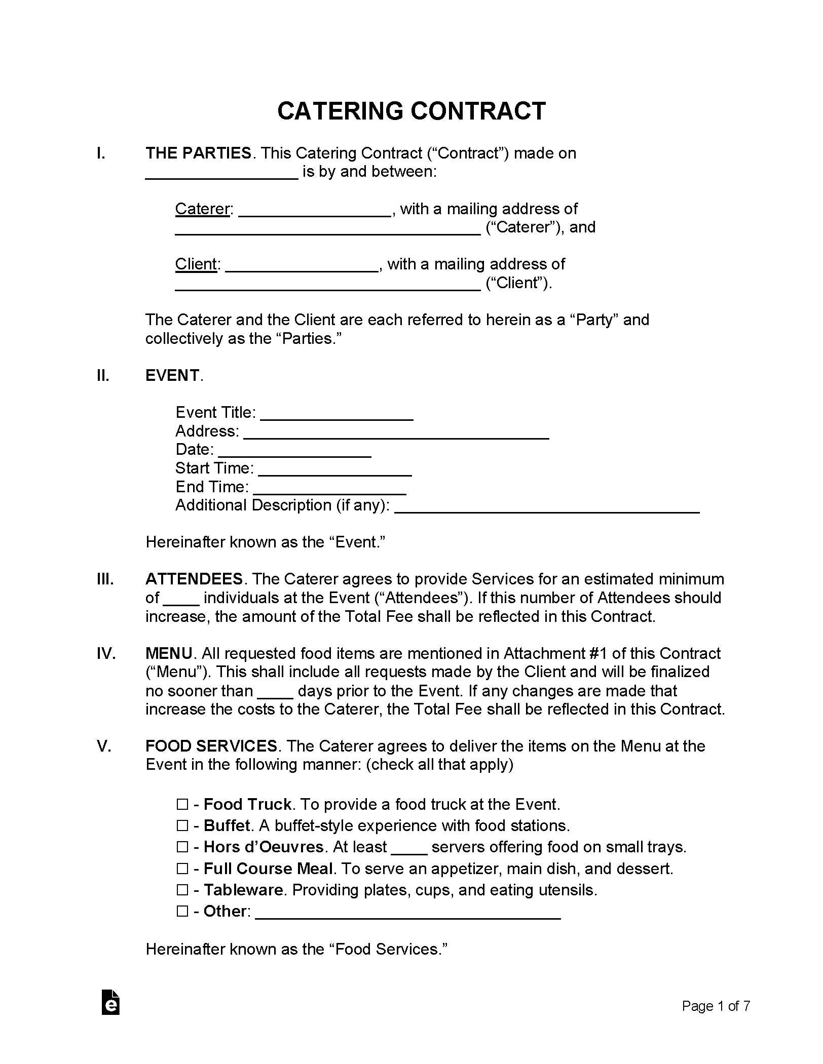 sample catering agreement template