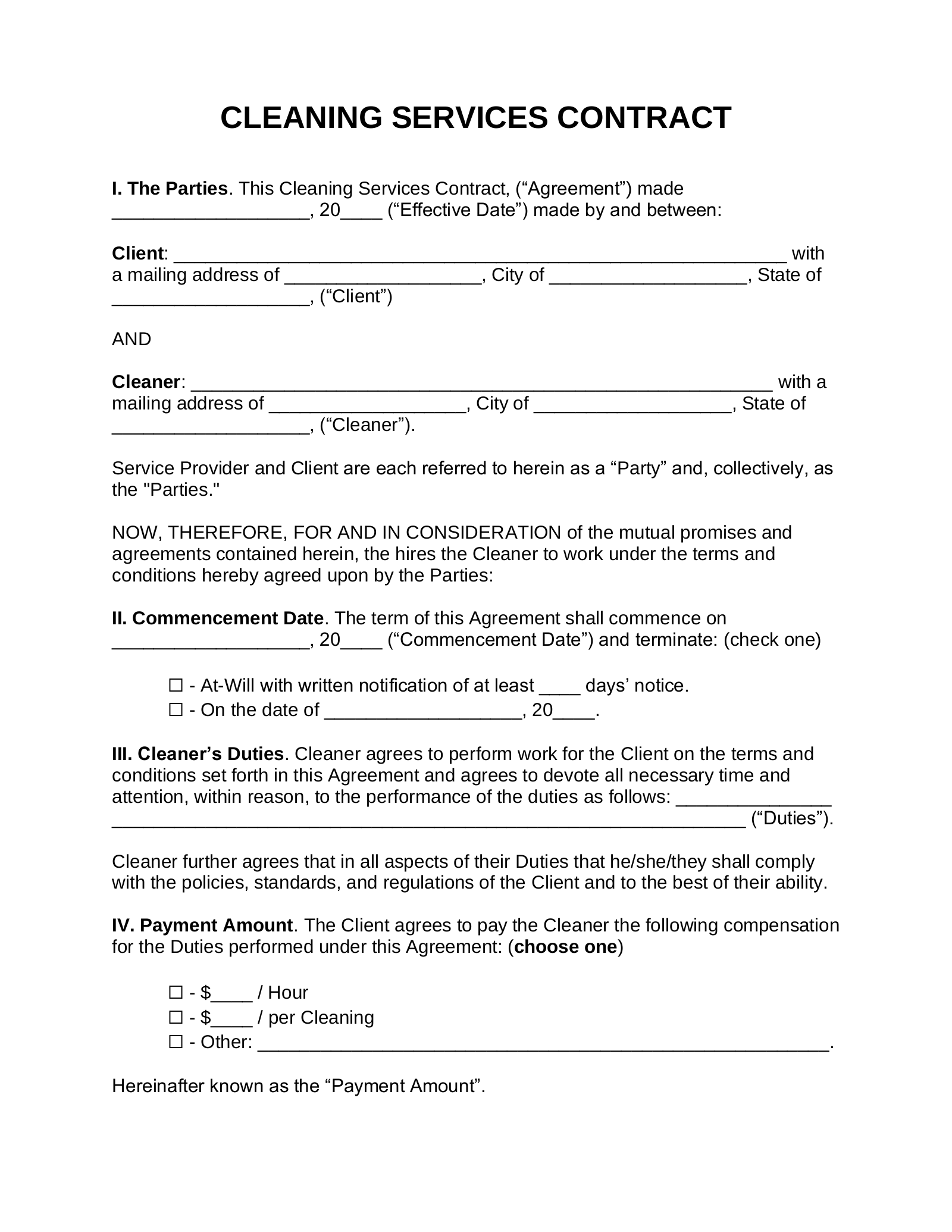 sample cleaning service agreement template