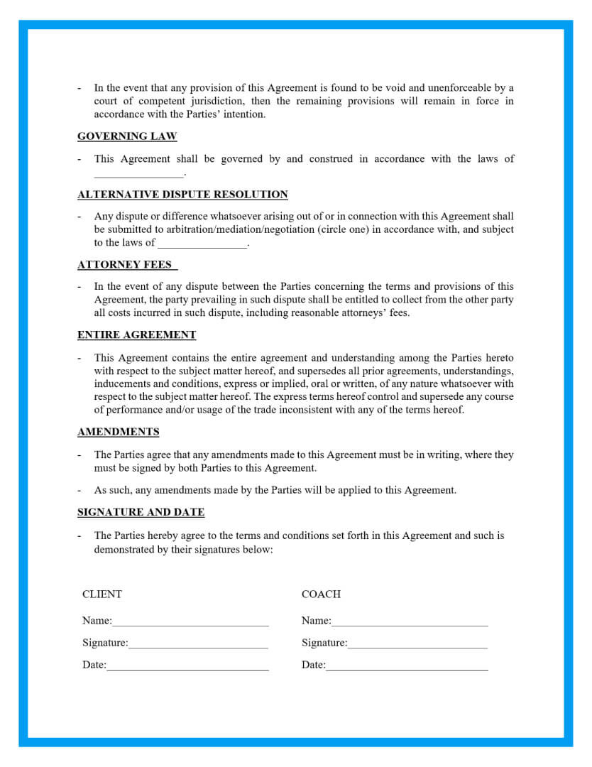 sample coaching agreement template