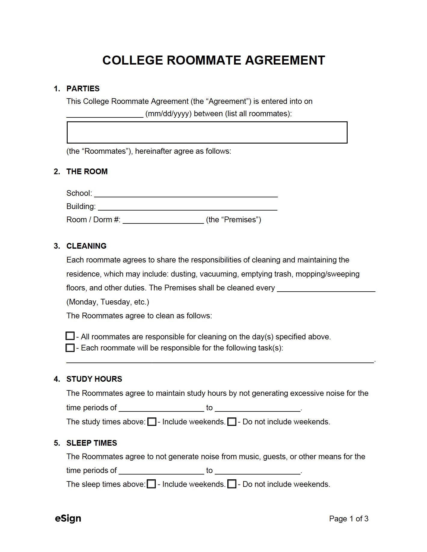 sample roommate agreement template