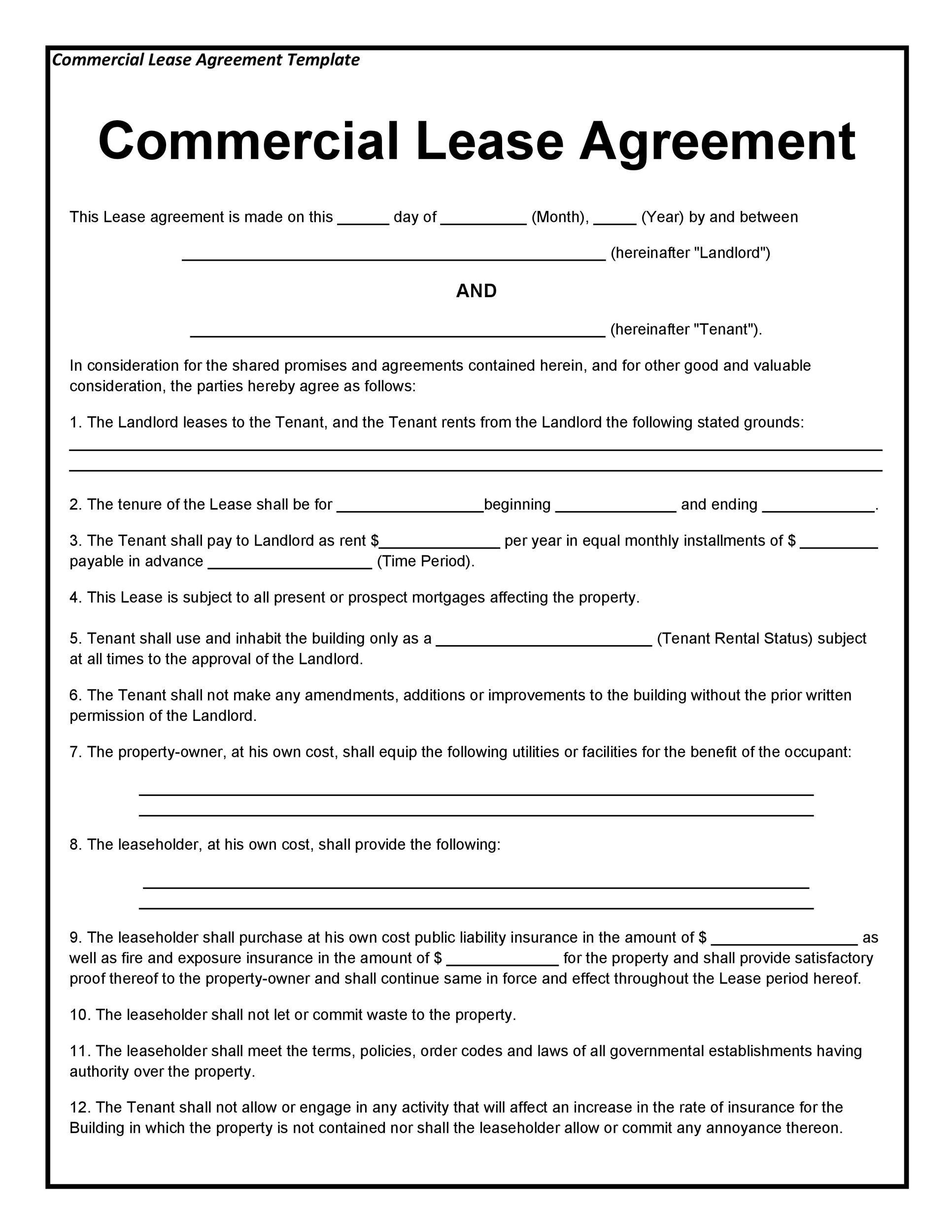 sample commercial rent agreement template