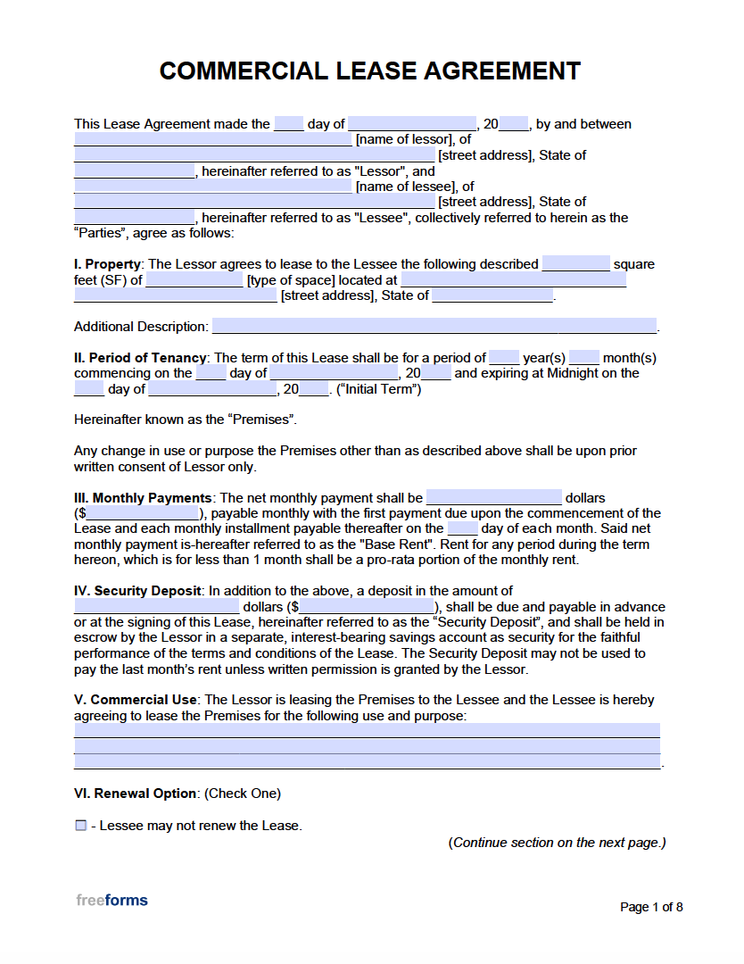 sample commercial rent agreement template