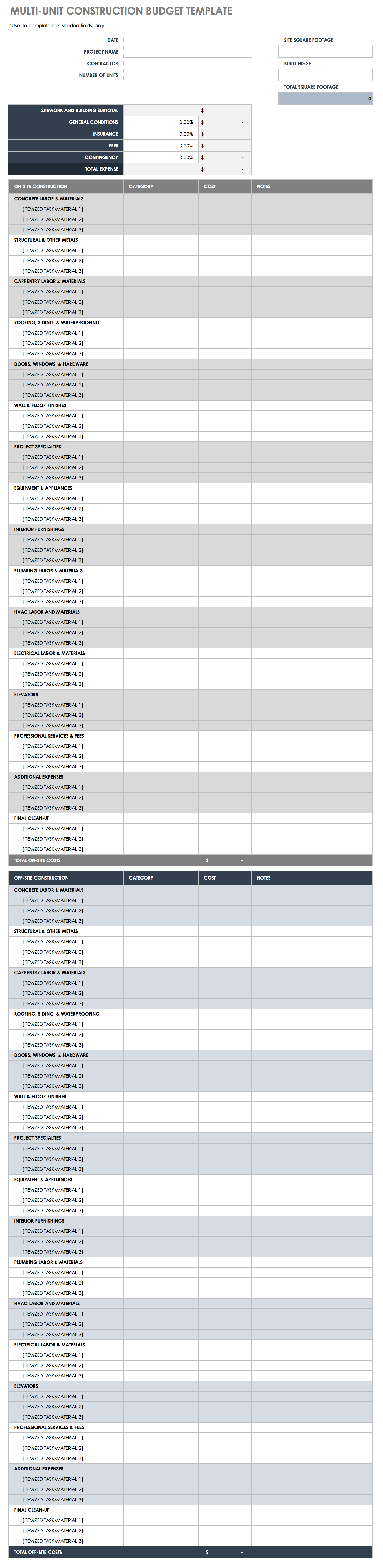 sample residential construction budget template