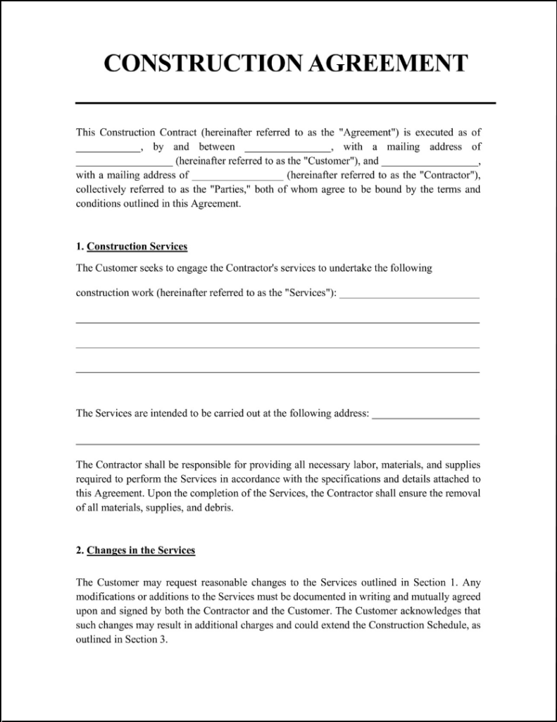 sample construction agreement template