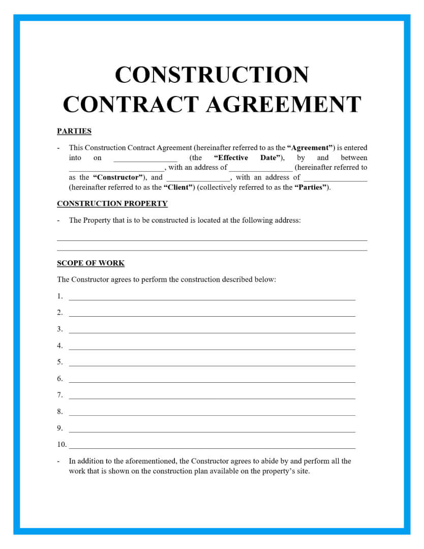 sample construction agreement template