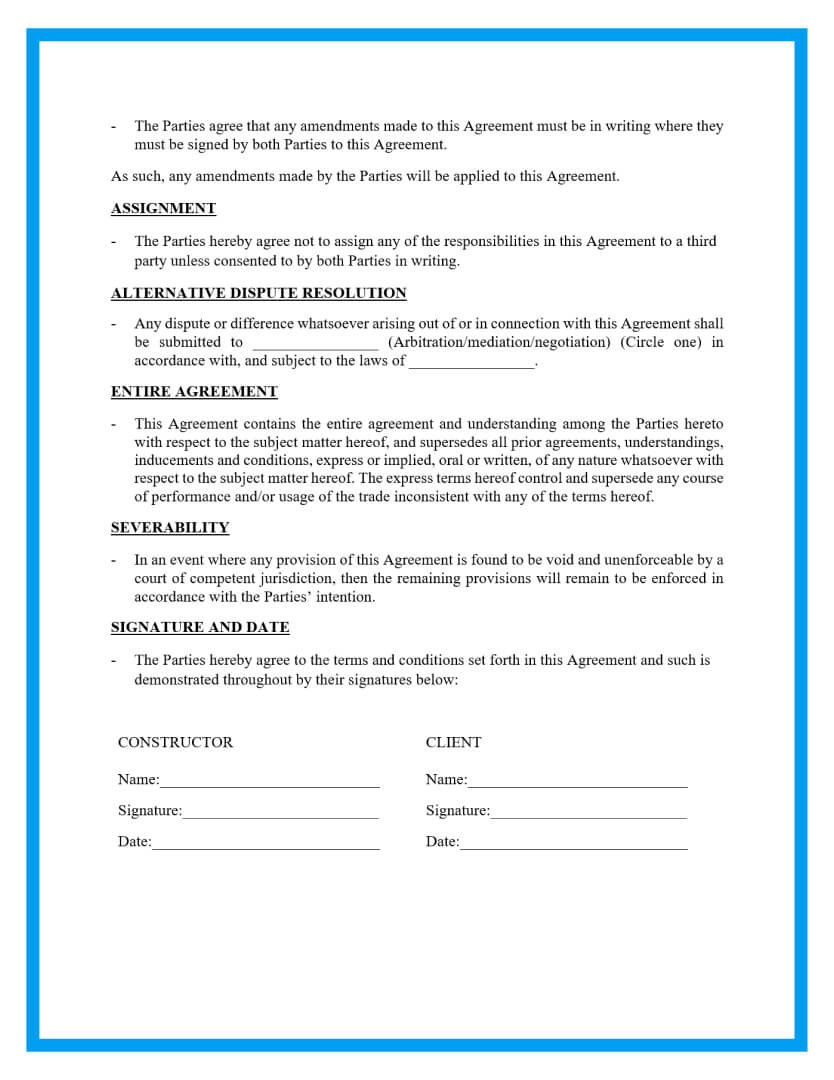 sample construction agreement template