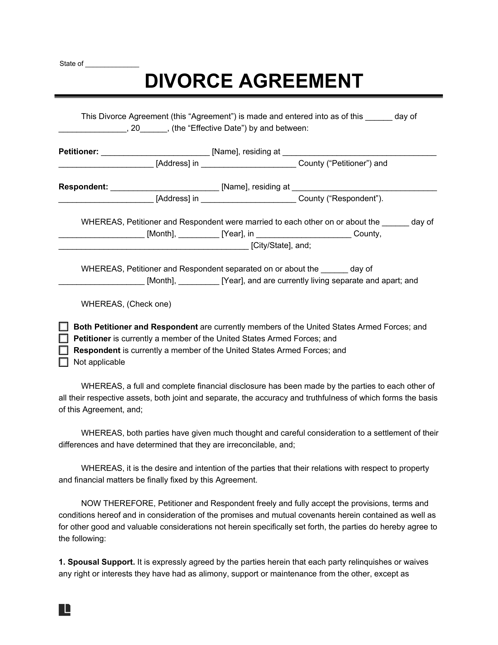 sample divorce agreement template