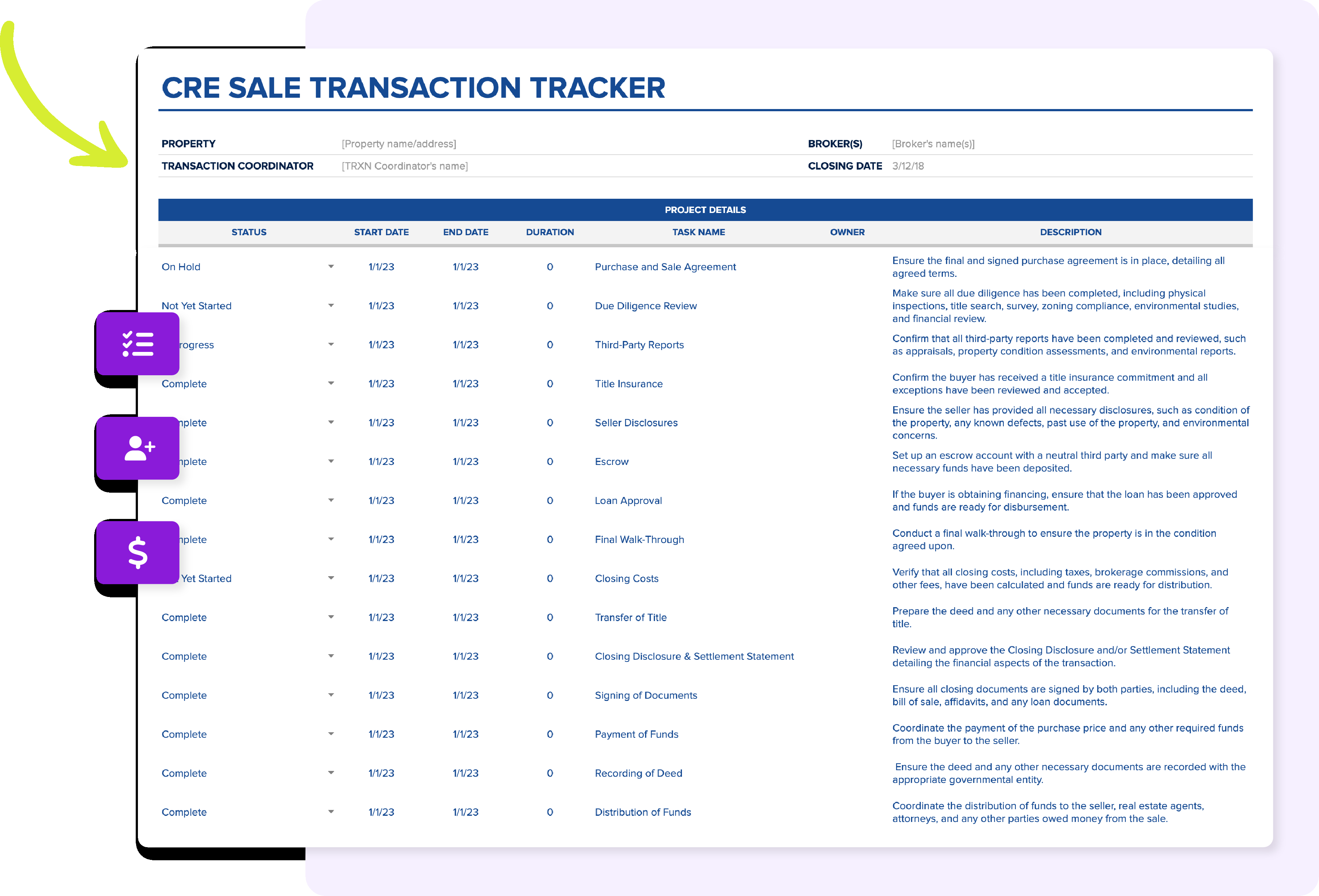 sample real estate closing checklist template