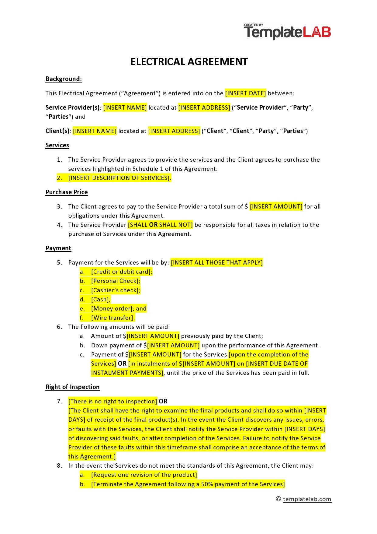 sample electrical contract agreement template