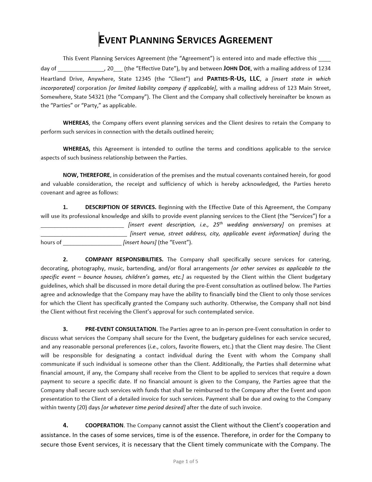 sample event planning agreement template