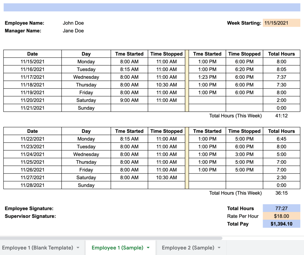 sample multiple employees timesheet template