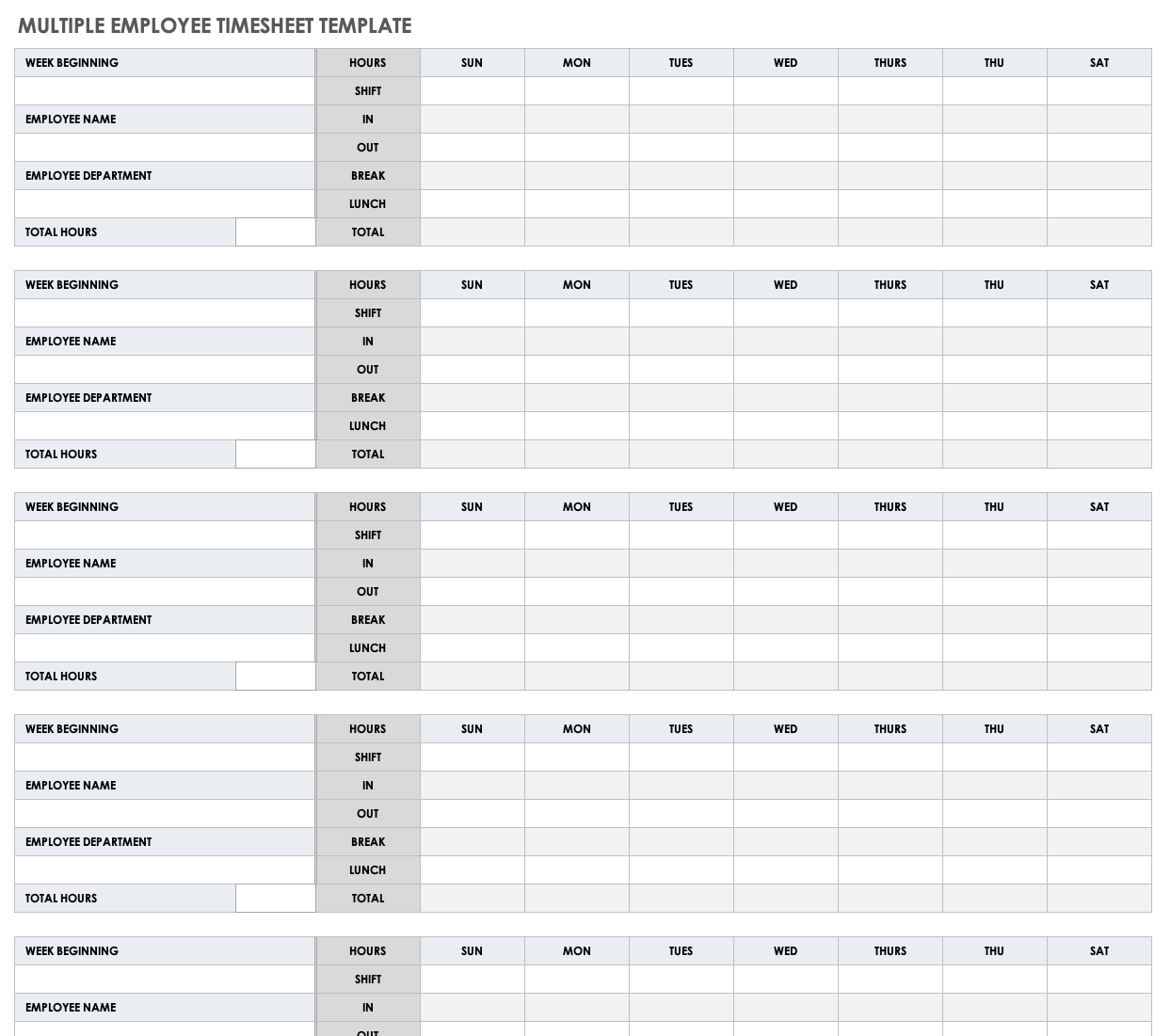 sample multiple employee weekly timesheet template