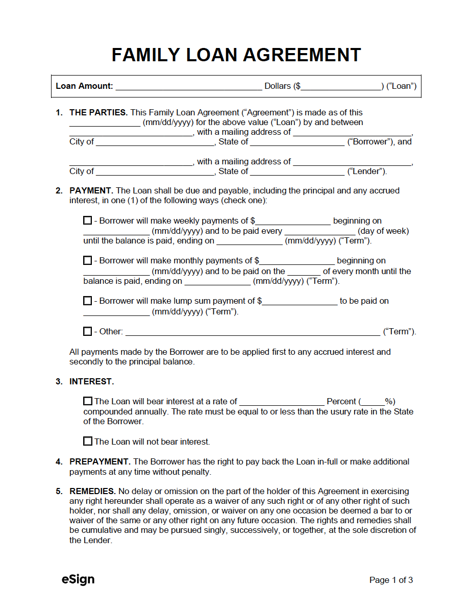 sample family loan agreement template