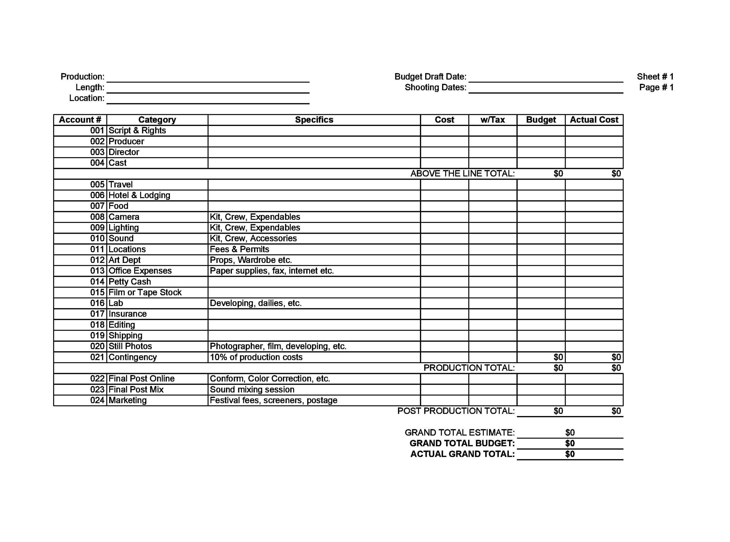 sample film budget template