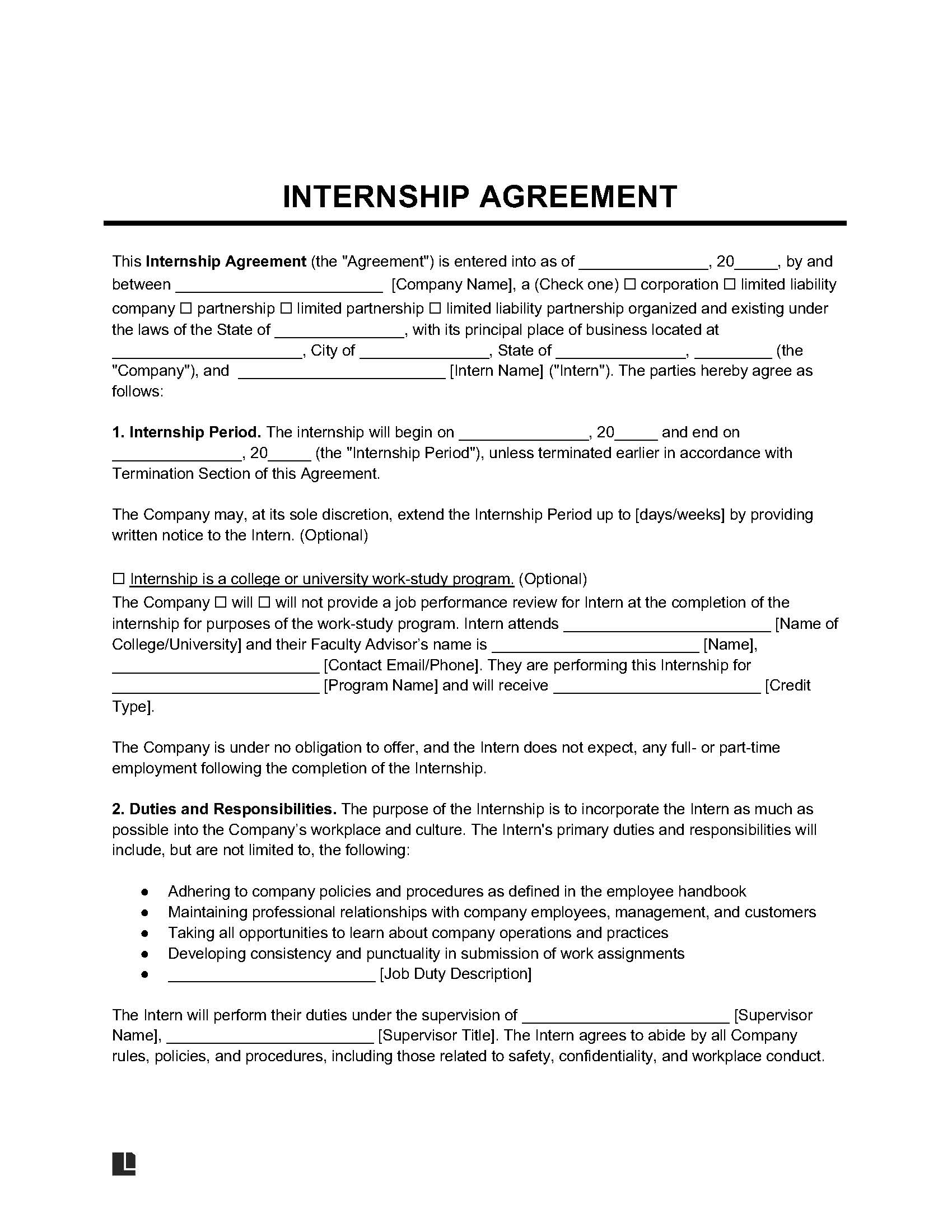 sample internship agreement template