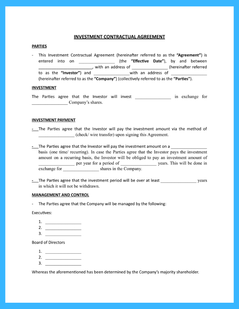 sample investment agreement template