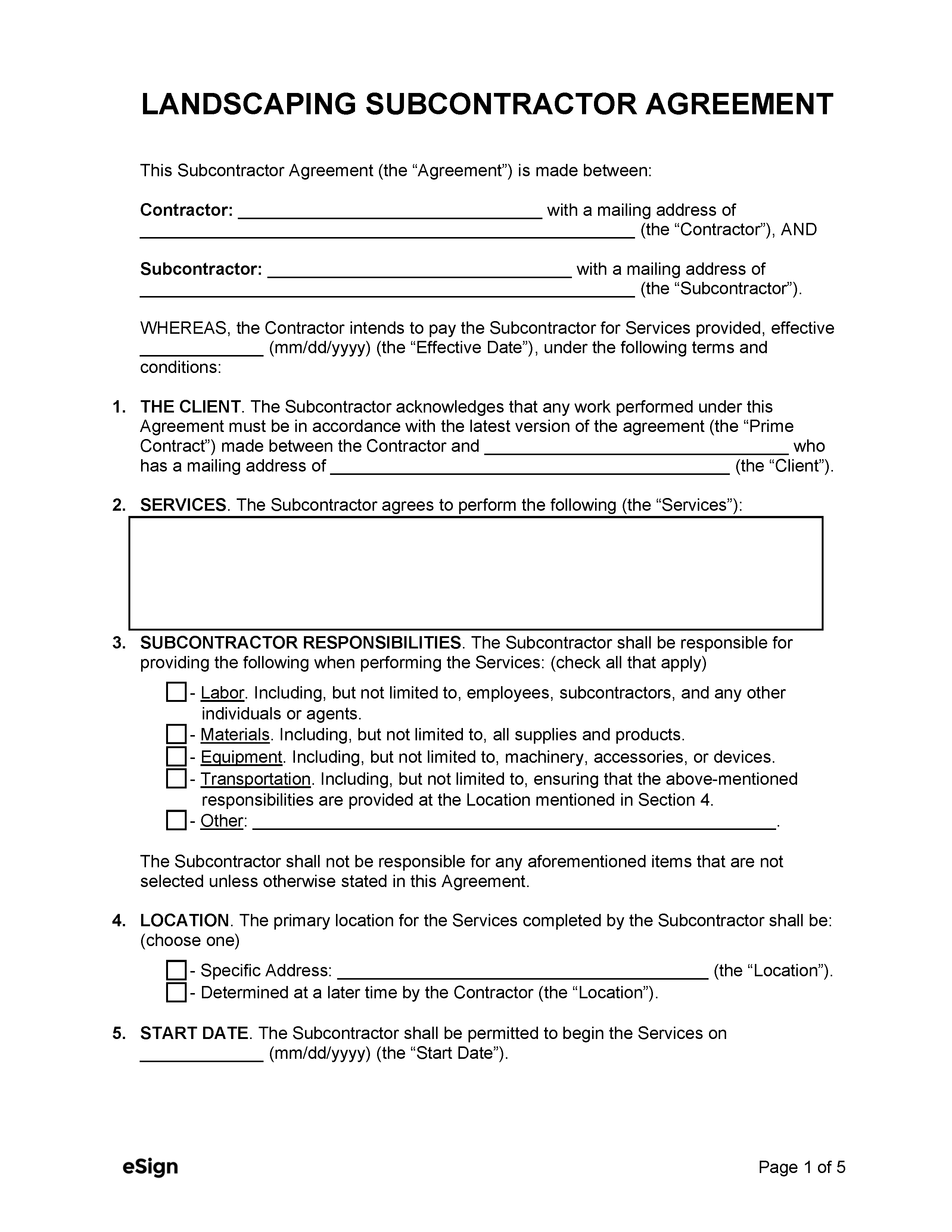 sample landscape contract agreement template