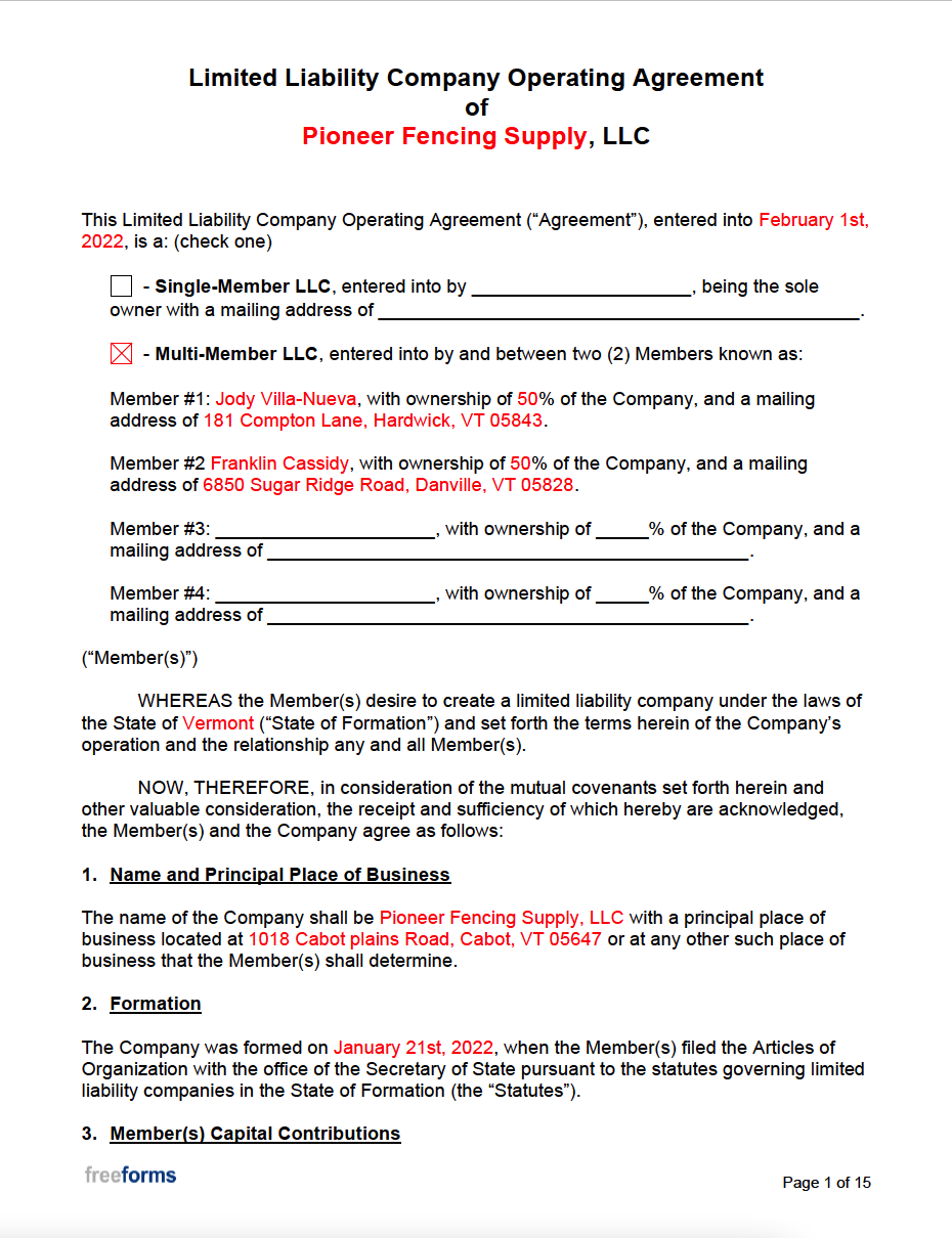 sample business operating agreement template