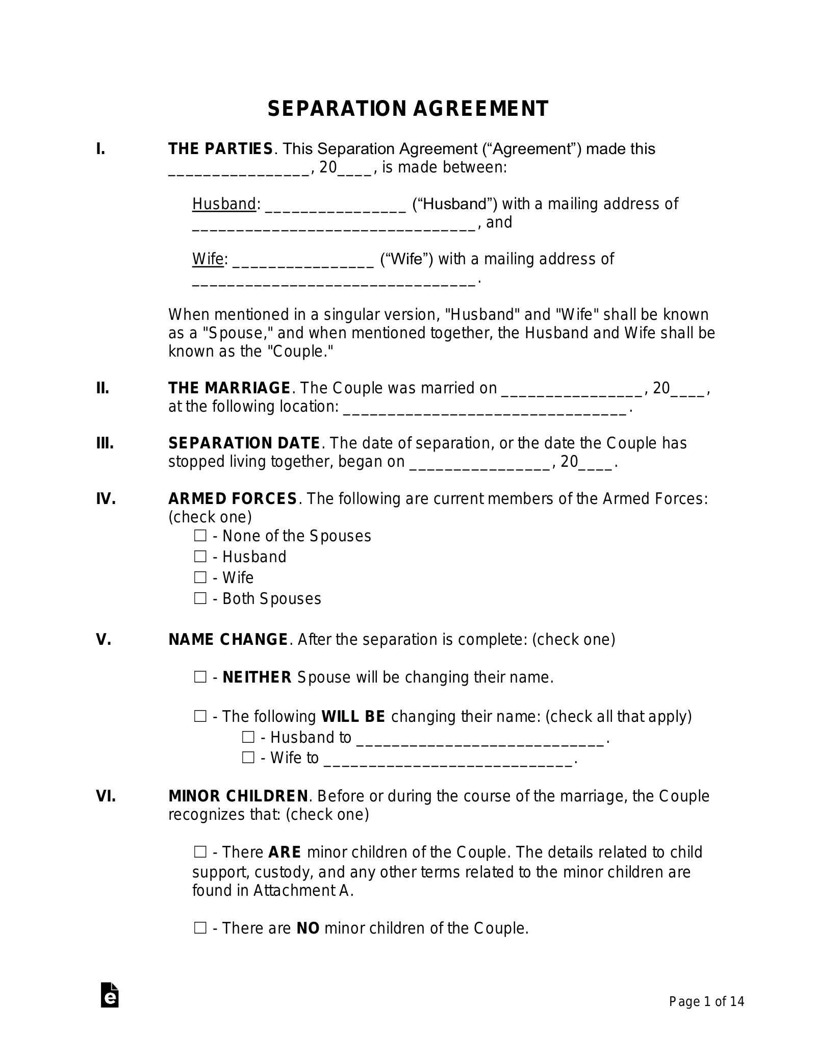 sample separate agreement template