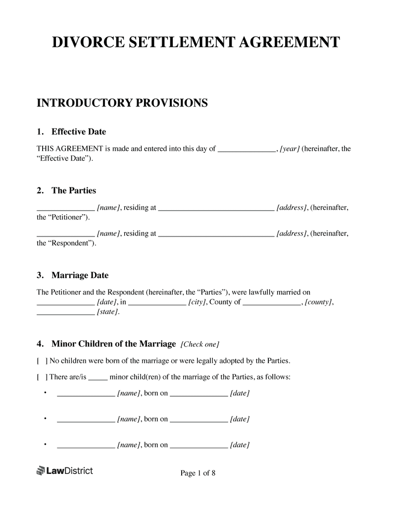 sample divorce agreement template