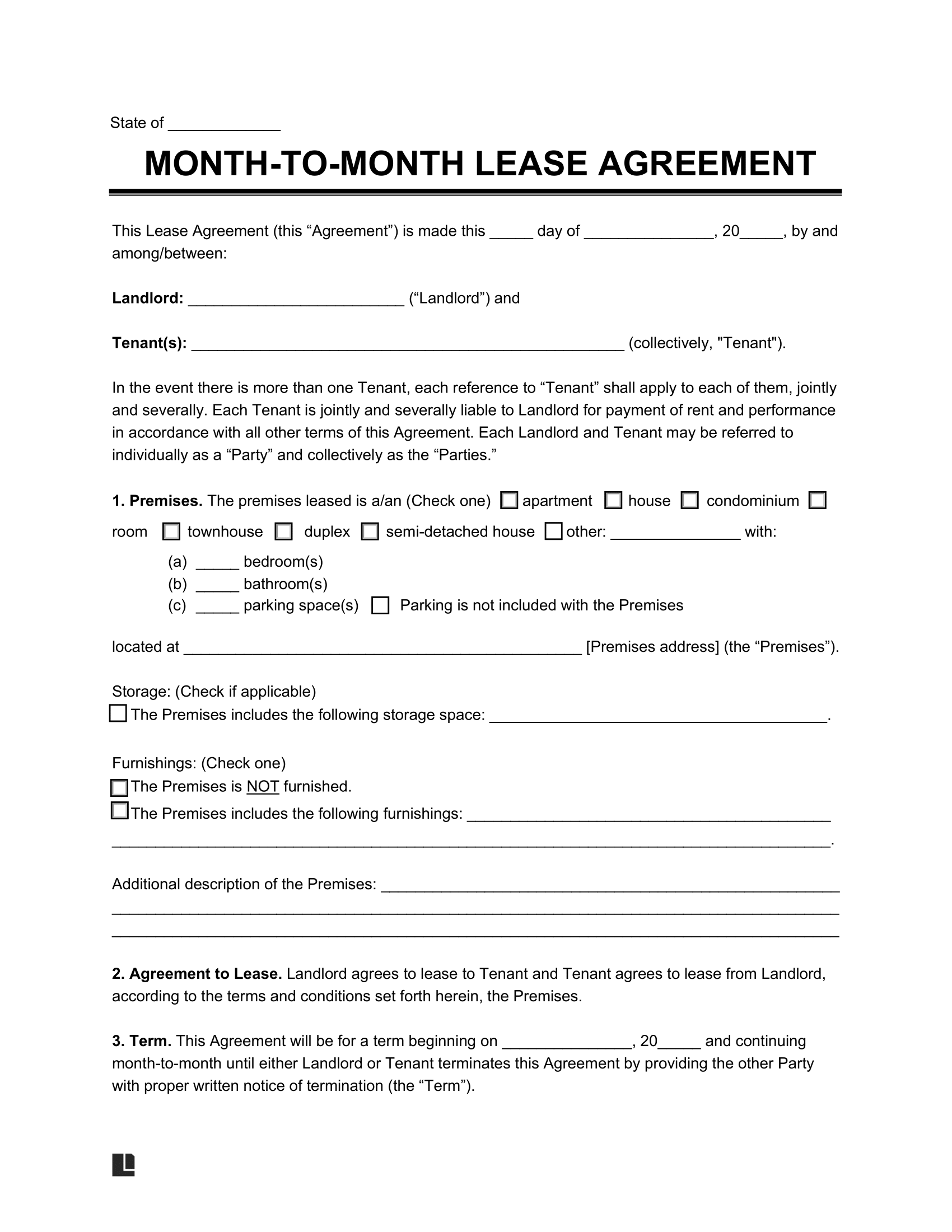 sample month to month lease agreement template