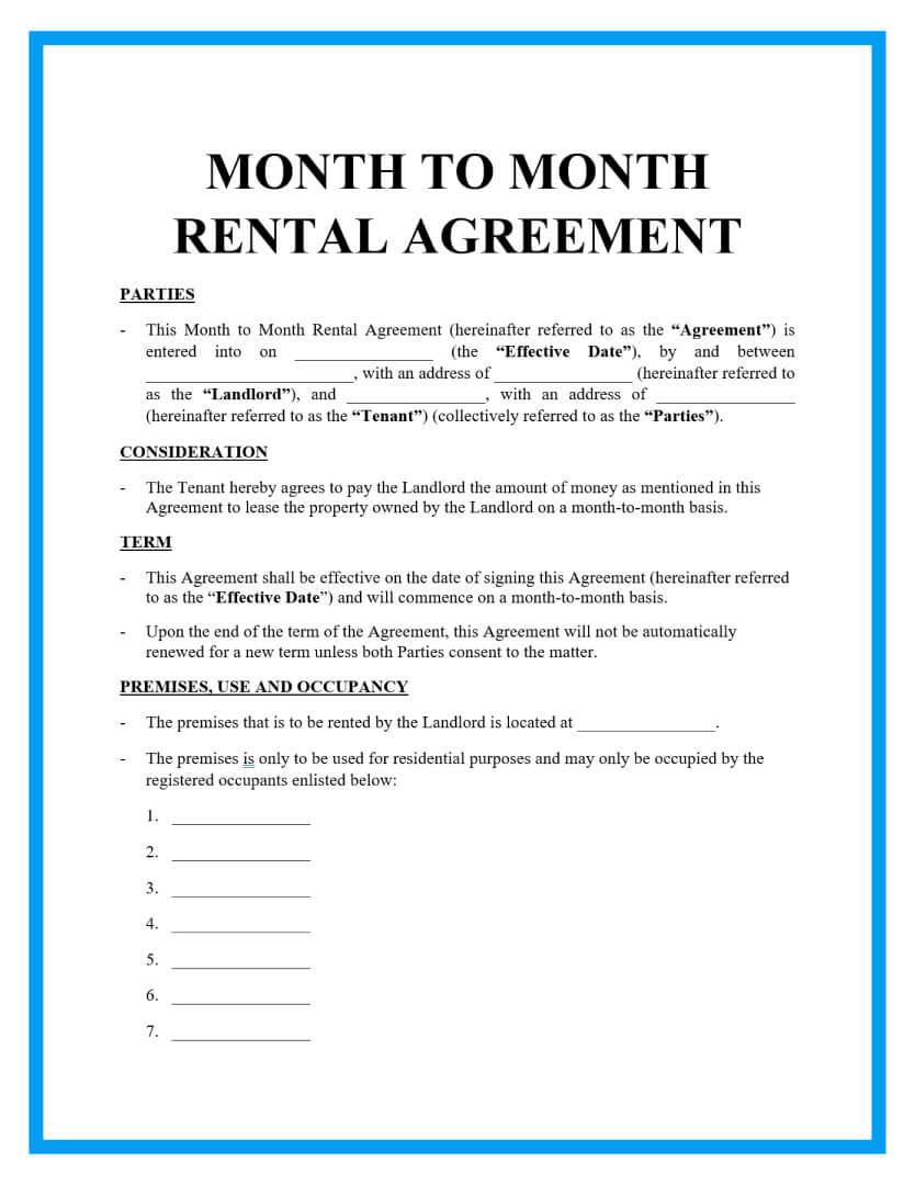 sample month to month rent agreement template