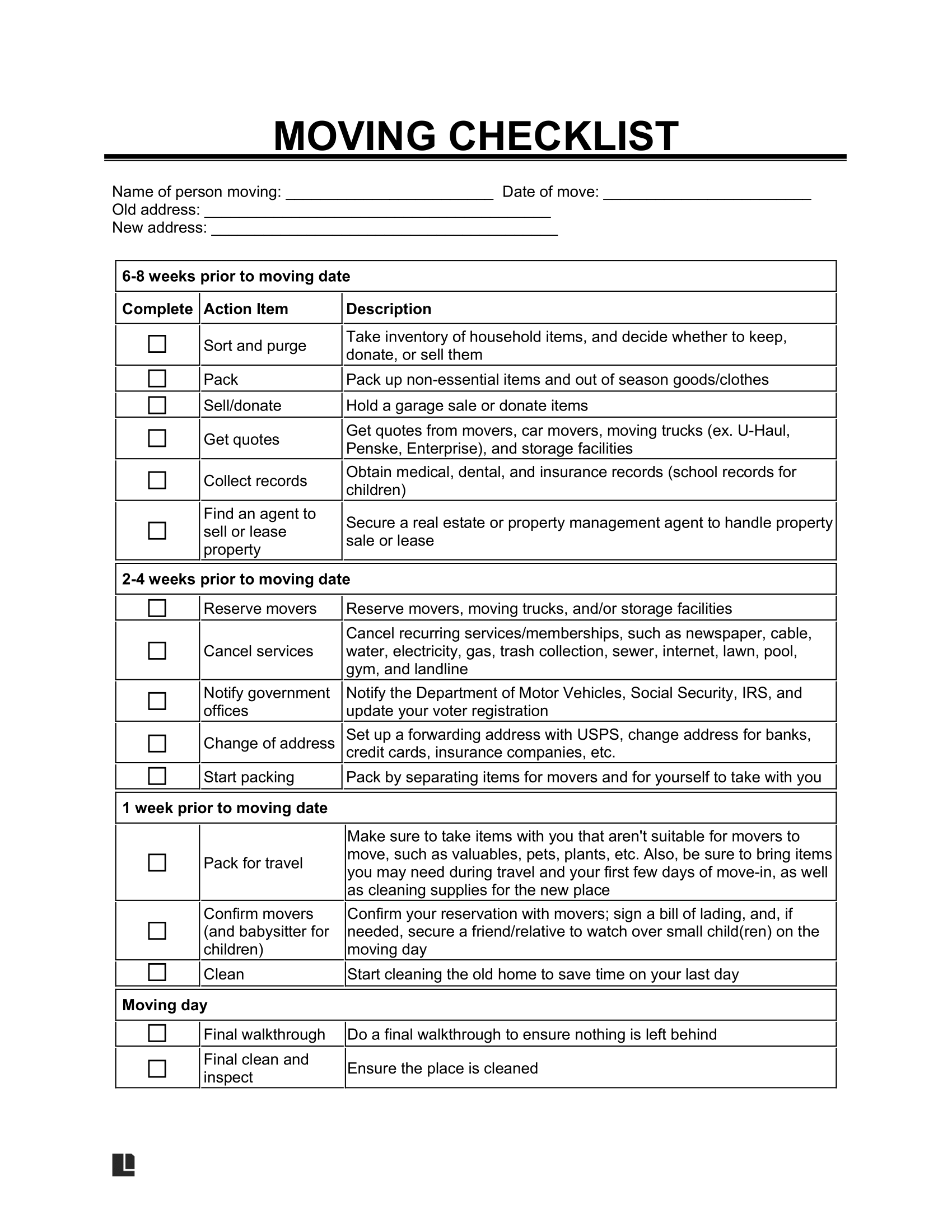 Free Moving Checklist Template PDF & Word