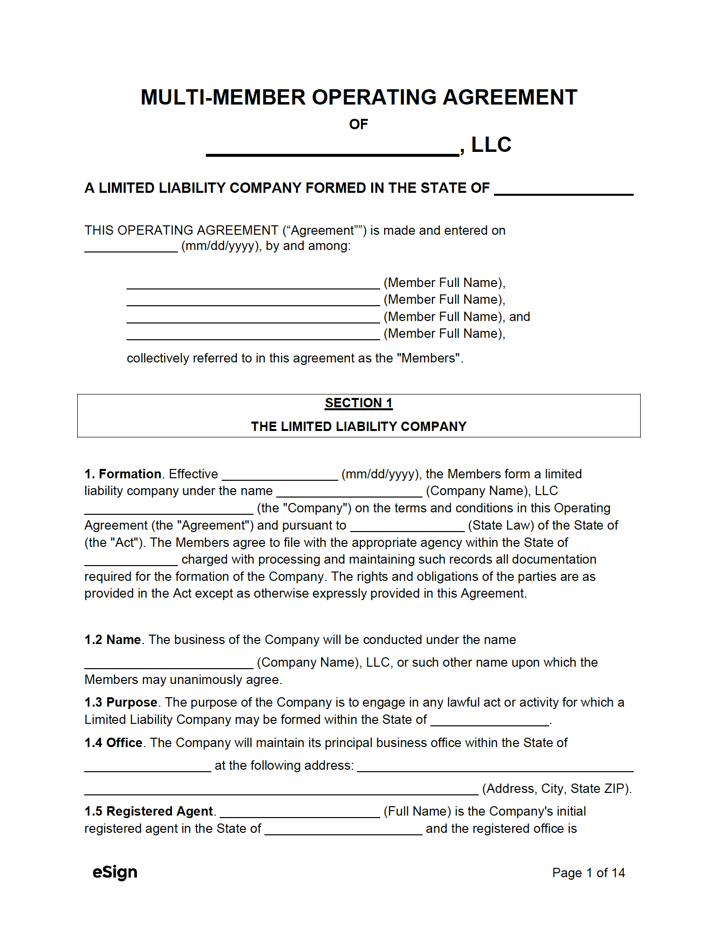 sample multiple member llc operating agreement template