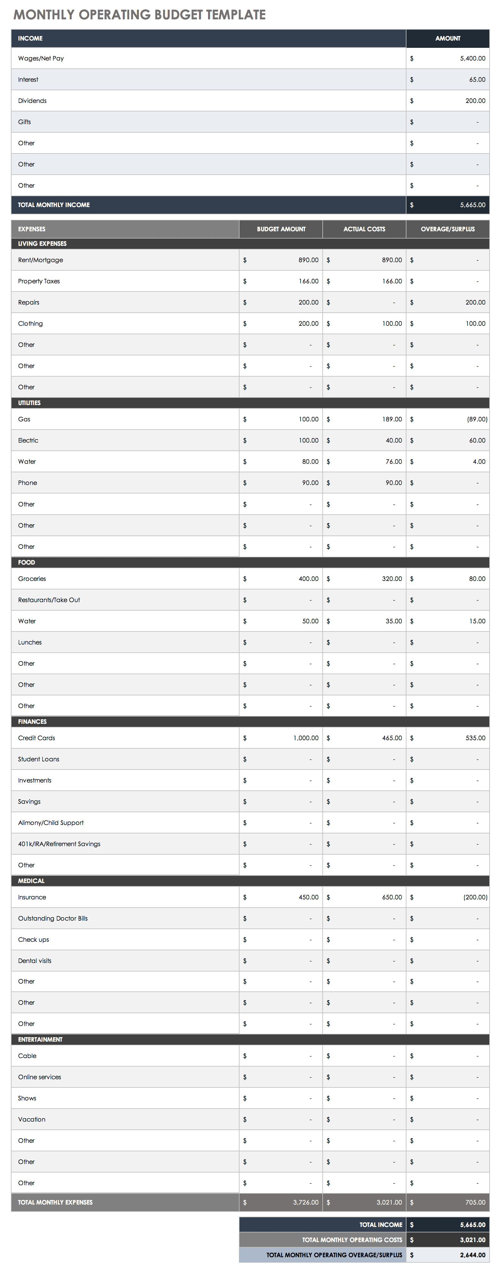 sample annual operating budget template