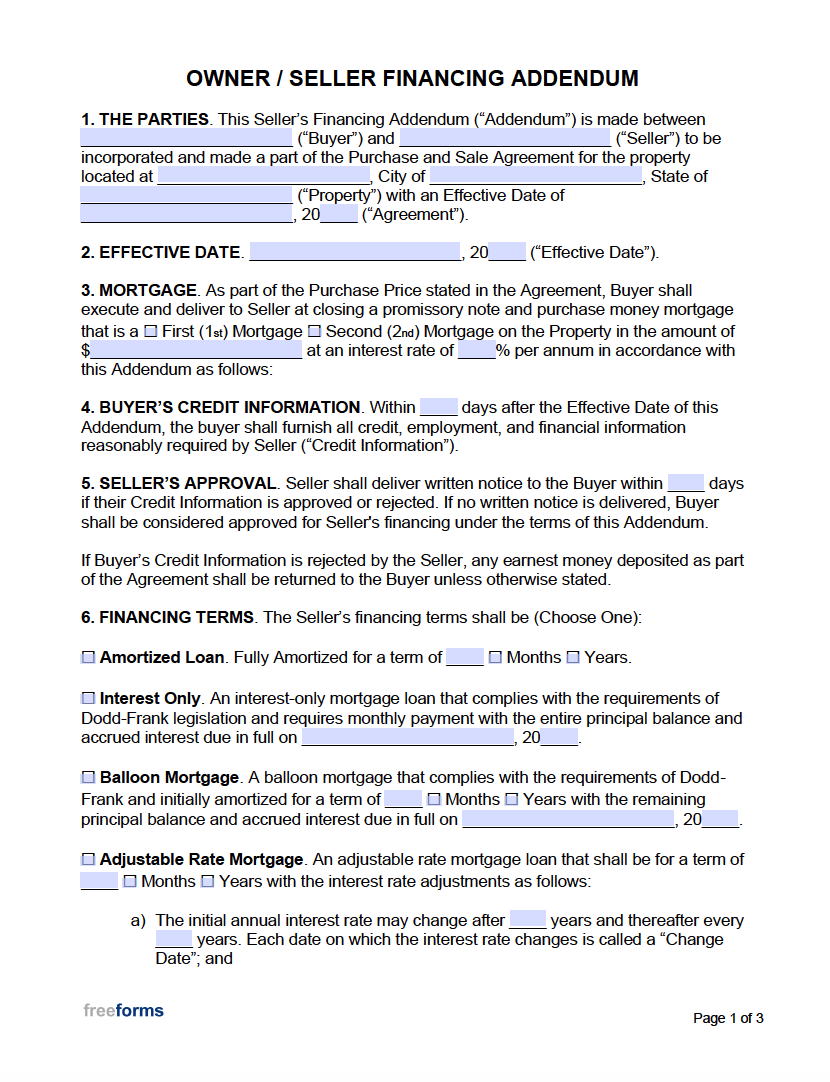 sample seller financing agreement template