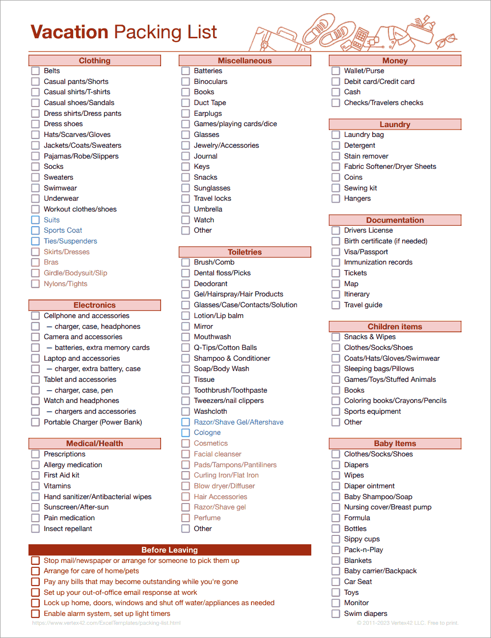 Free Packing List Template for Vacation, Travel or College