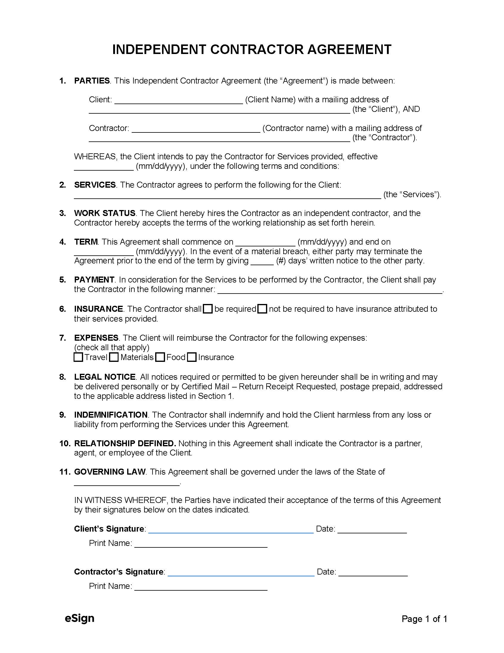 sample independent contractor agreement template