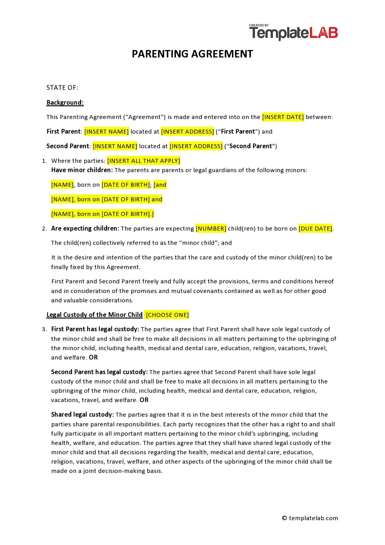 sample parenting agreement template