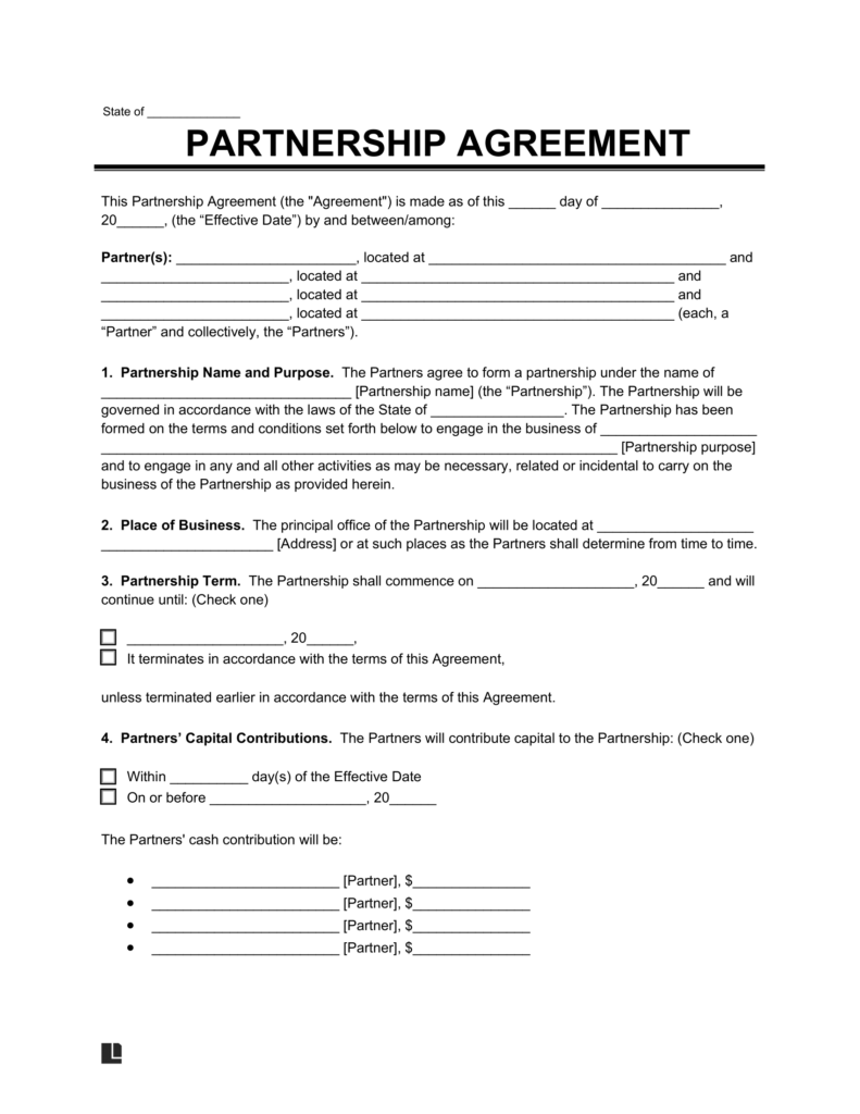 》Printable Partnership Agreement Template