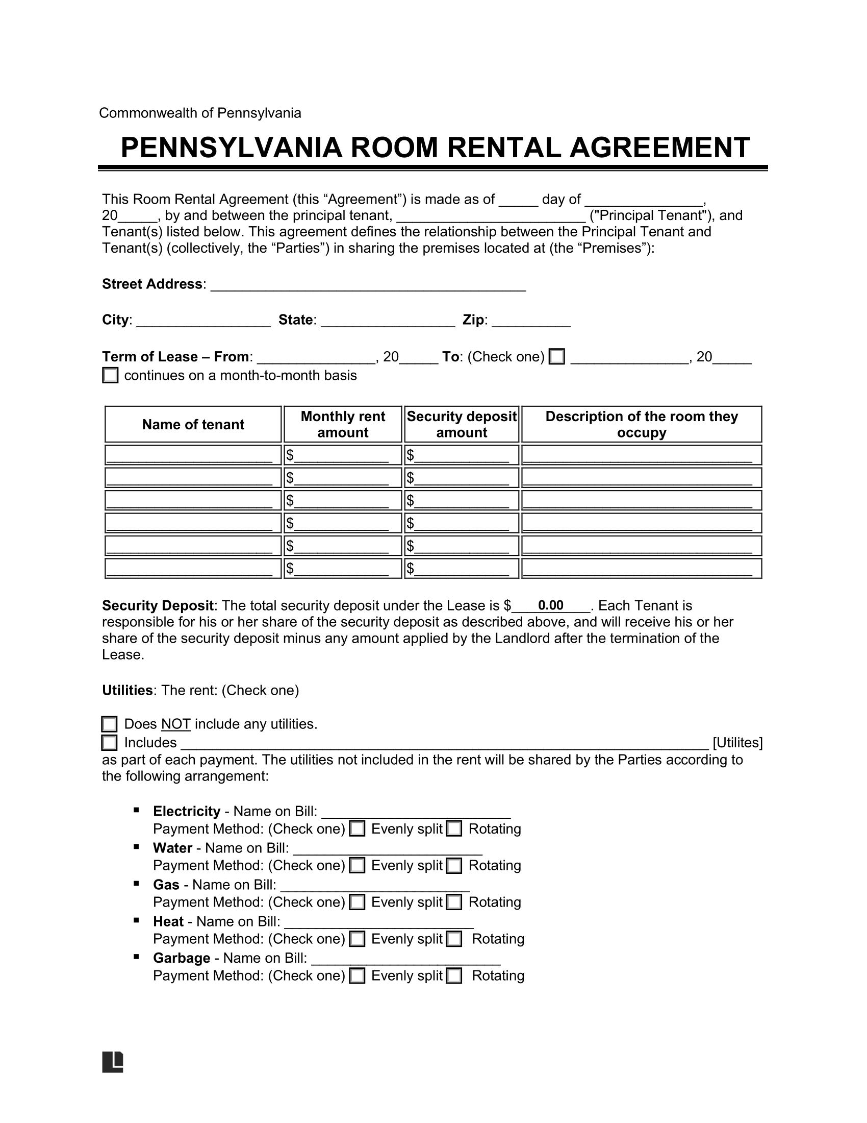 sample rent a room agreement template