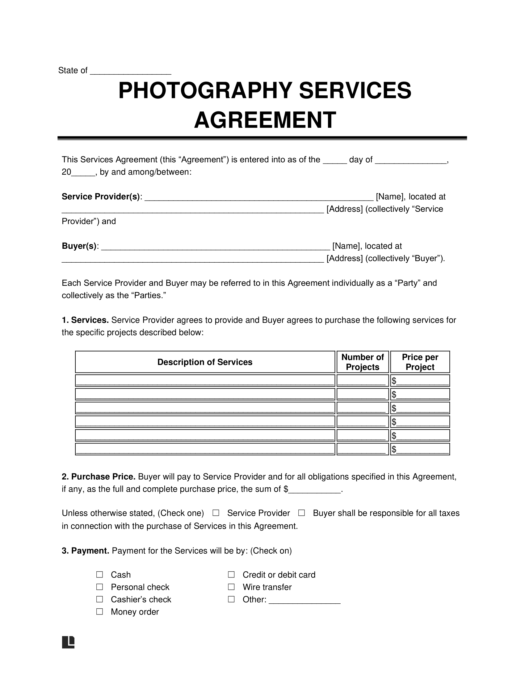 sample photographer agreement template