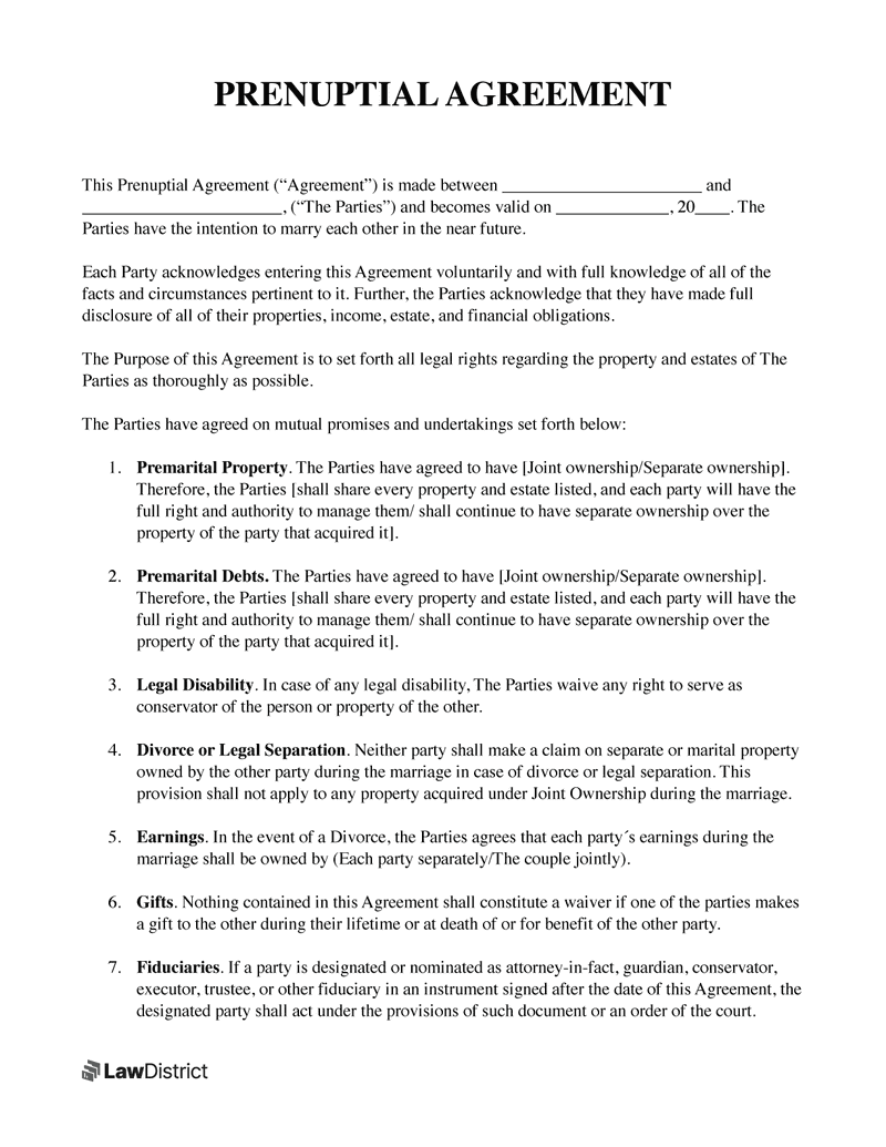 sample premarital agreement template