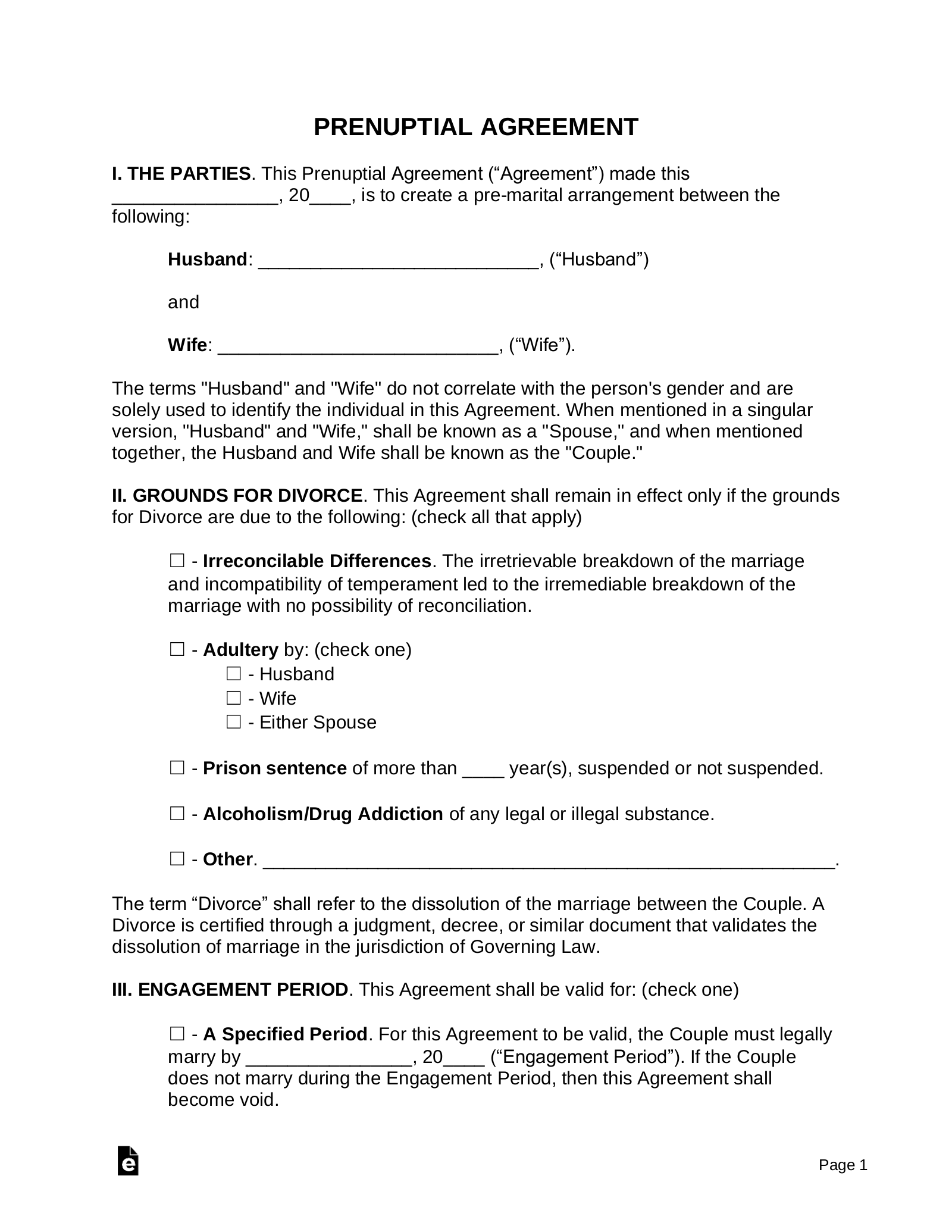 sample premarital agreement template