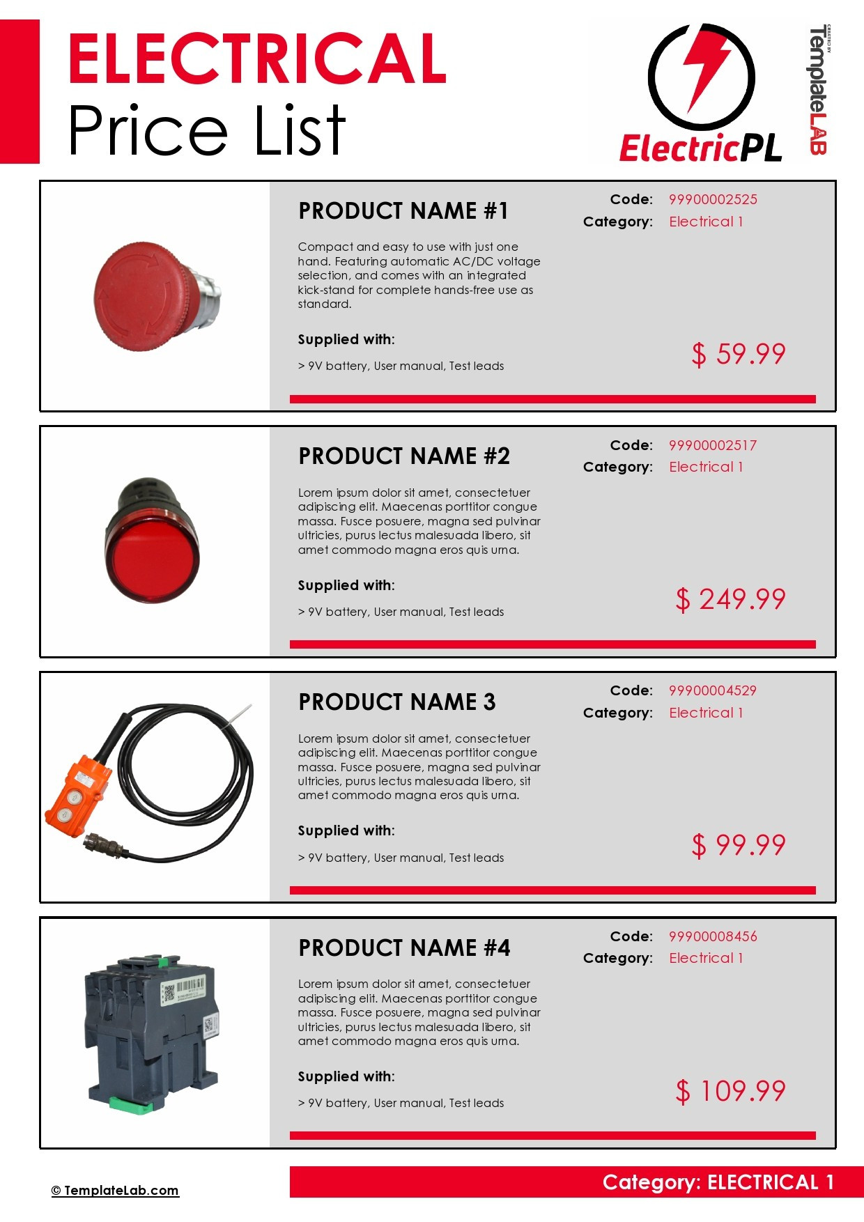 sample Electrical Price List Template