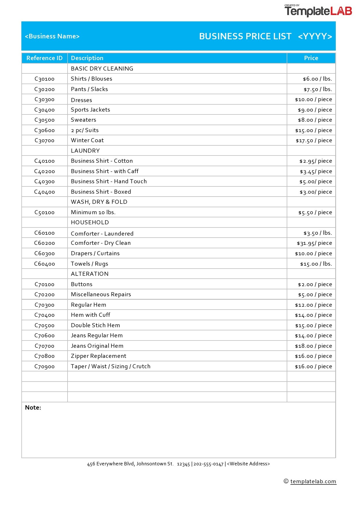 sample Electrical Price List Template